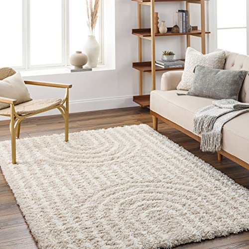 Livabliss Tappeto Shaggy Kalba Ampio Tappeto Salotto Moderno, Sala da Pranzo, Morbido Tappeti Shaggy per Camera da Letto, Motivo Astratto Peloso, leggera da Pulire, 160x220cm Beige e Bianco