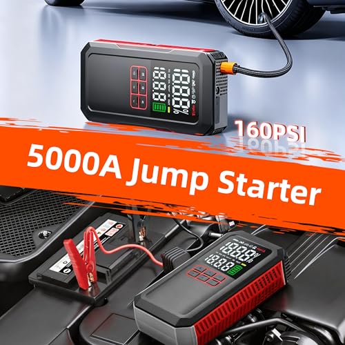 5000A Car Battery Jump Starter with Air Compressor 160PSI, Portable Battery Jumper Starter 7.0L Gas/6.0L Diesel, Jumper Box for Car Battery, Jumper Cables, Power Bank & Light