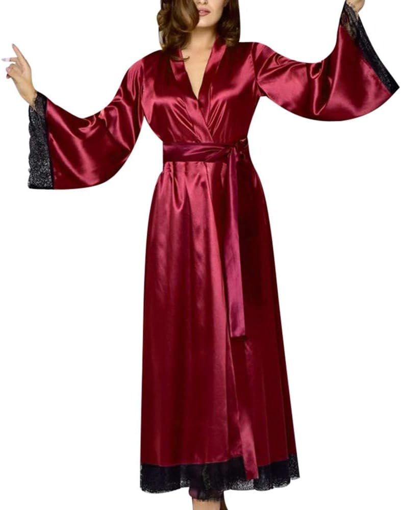 YCQUE Women's Simple Versatile Solid Color Silk Satin Robes Long-Sleeved Underwear Pajamas Set