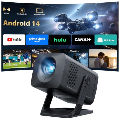 Video projector【Built-in App & Auto Keystone】 Android 14, Projector | NIX500 Mini Portable Video Projector Short Throw WiFi 6 Bluetooth 5.4 with 210° Rotation, Supports 4K 1080P Home Theater