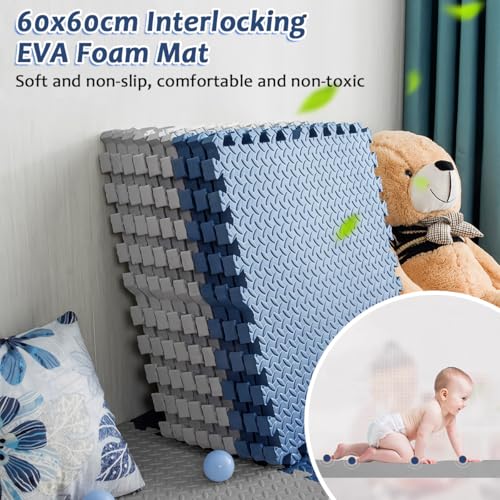 Cestbella Interlocking EVA Foam Mat, 60x60cm Protective Floor Tile 6 Packs Soft Puzzle Exercise Pad with Border Jigsaw EVA Foam Padding, 1cm Baby Play Crawling Mat for Home Gym Yoga Workout Grey Blue
