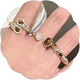 TUCEWP 3Pcs Tiger's Eye Chunky Ring Vintage Gold Knuckle Rings Set for Women Boho Retro Rhinestones Stackable Rings Adjustable Open Ring Aesthetic Statement Rings Christmas Birthday Jewelry Gift