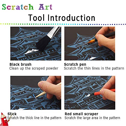 Egosky Scratch Art Paper Rainbow Painting Sketch Pad DIY Night View Scratchboard for Adults and Kids - 4 Packs, 16 X 11.2 Inches