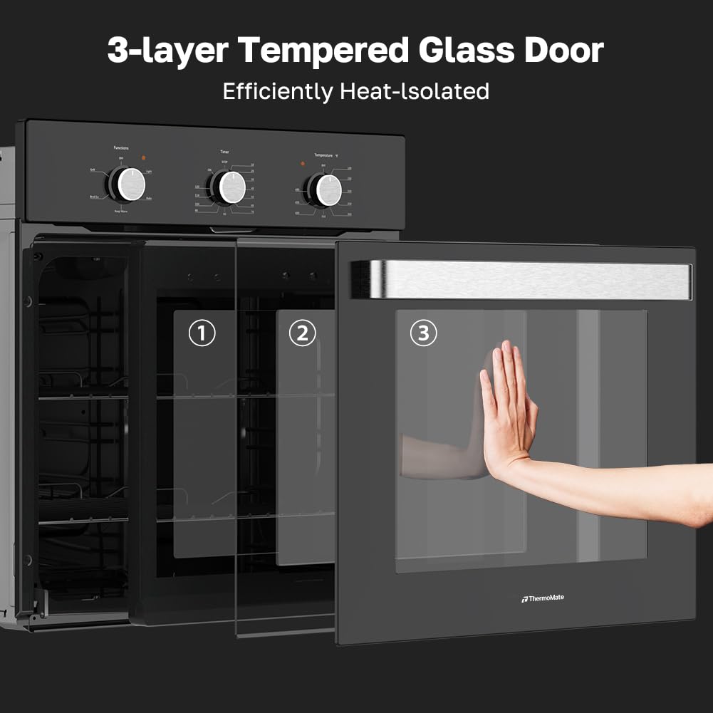 24 Inch Single Wall Oven, ETL Certified, ThermoMate 2.79 Cu. Ft. Built-in Electric Wall Oven with 5 Cooking Functions, Built-in Ovens with Anti-Mistouch Knob, Black Tempered Glass Finish
