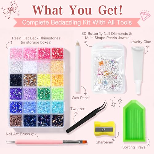 30000Pcs Bedazzling Kit with Glue, 3MM Flatback Rhinestones for Bedazzling with 1 Pack 3D Butterfly Nail Diamonds, Pearls Jewels, Tweezer and Pen, Pencil Sharpener for DIY Crafts
