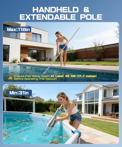Pool Vacuum for Above Ground Pool & Inground Pools, (2026 Upgraded) 26.5 GPM High-Powerful Pebbles Suction, V3 IPX8 Cordless Handheld Rechargeable Cleaner 2 Vacuum Heads & 4 Filter Bags, 1H Runtime
