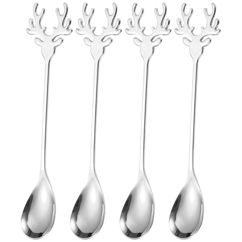 Coffee 4Pcs Espresso Stirring Stainless Steel Reindeer Antler Tiny Coffee Tea Coffee Teaspoon for Holiday Party Favor Silver