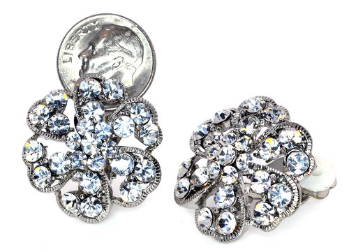 Aurora Borealis Simulated Rhinestone Heart Shape Petals Flower Clip-On Earrings - Clear