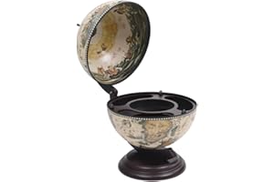 vidaXL White and Brown Tabletop Globe Bar Wine Stand, Solid Eucalyptus Wood, 16th Century Nautical Maps and Antique Frescoes Design, Rotating Storage, 15" x 13" x 18.9"