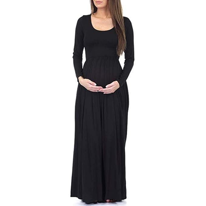 Women Solid Long Sleeve O Neck Loose Plain Maxi Dresses