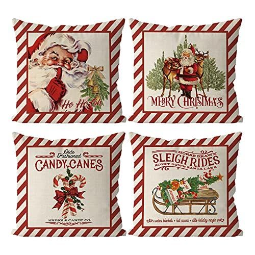 Tian Zhun Christmas Pillow Covers 18x18 Inch Set of 4 Candy Cane Santa Claus Throw Pillow Covers Xmas Winter Decorative Cushion Covers Case Home Sofa Living Room Farmhouse Decor
