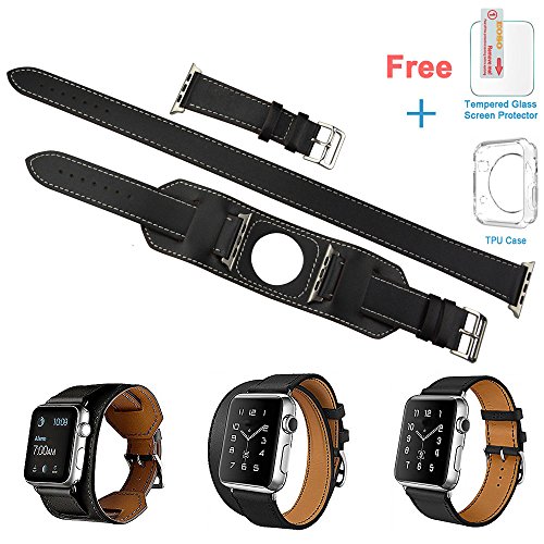 3 in 1 iWatch Leather Cuff Band,Eoso [Bracelet/Single/Double] Leather Loop Band for Apple Watch,Sport,Edition Models((5 Pieces of Bands Included for 3 styles,38mm Black) - Thumbnail 7