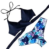 MOOSKINI Womens Push up Padded Bikini Floral Printing Bottom Swimsuit 2 Piece NavyB3791,Large