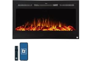 Touchstone Smart Electric Fireplace-The Sideline 36 Inch Wide-in Wall Recessed-30 Realistic Ember Color/Flame Options-1500W Heater w/Thermostat-Black-Log & Crystal Hearth Options -Alexa/WiFi Enabled