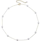 Gold-Plated Floating Pearl Necklace for Women – Minimalist Imitation White Pearls Chain, Station Pearl Necklace Gift for Bride Bridesmaids Mom Wife Daughter, Wedding Birthday Christmas