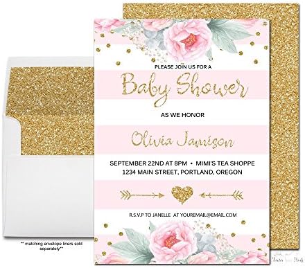 Girls Pink and Gold Floral Baby Shower Invitations
