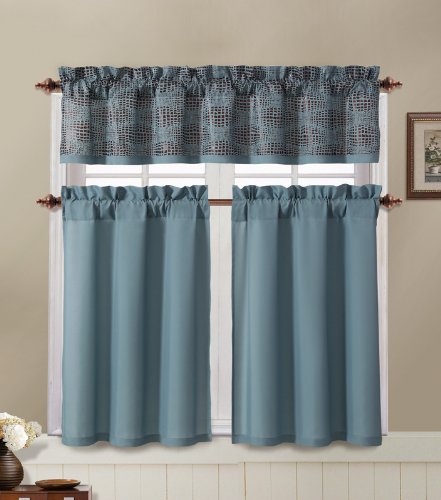 Blue And Brown Kitchen Window Curtain Set 2 Tier Panel Curtain
