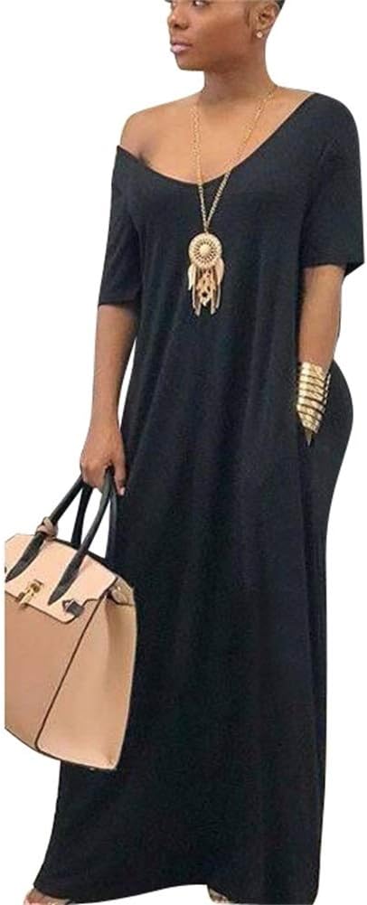 Women Casual Cold Shoulder Color Block Short Sleeve Loose Maxi Long Dress