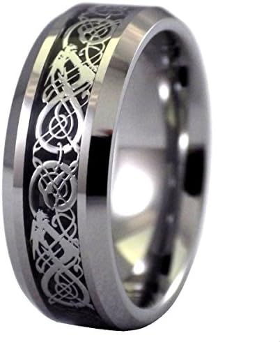 Viking Celtic Knot Dragon Ring Black Carbon Fiber 8mm Tungsten Band Size 9