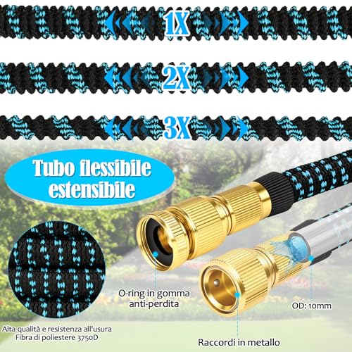 30M Extendable Flexible Garden Water Hose 8 Functions Spray Water Hose with 1/2" and 3/4" Brass Connector, Suitable for Car Wash, Garden, Lawn, Animal Baths (Blue)