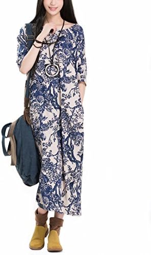 enjoysweety Women's Blue and White Porcelain Printing Long Dress Half Sleeve Cotton and Linen Travel Dress Linen Clothes Linen Dress (beige)