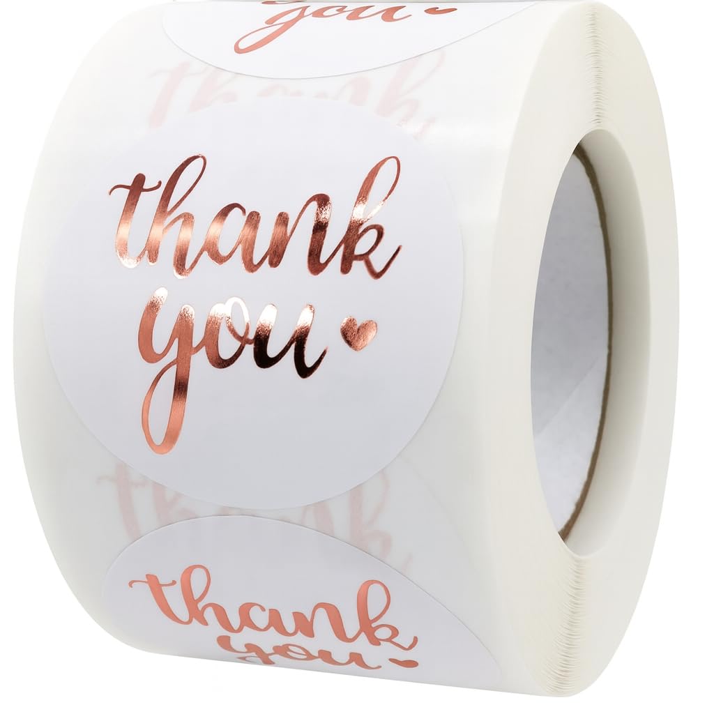 Photo 1 of 500 Thank You Stickers Roll – 1.5" Round White Labels with Rose Gold Foil | Self-Adhesive Gold Thank You Stickers for Packaging, Gift Bags, Weddings, Envelopes & Small Business Orders