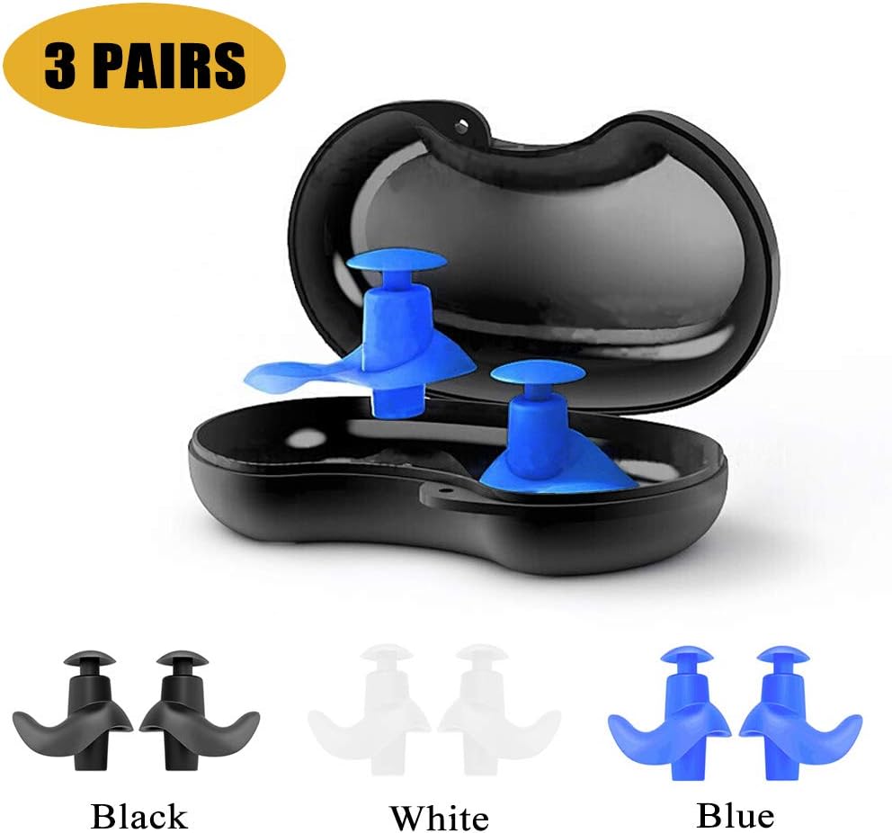 Go-sport Swimming Ear Plugs 3 Pairs Waterproof Reusable Silicone Ear Plugs for Swimming Showering Diving Surfing Snorkeling and Other Water Sports (Adult Size) (Black+Blue+White) : Sports & Outdoors