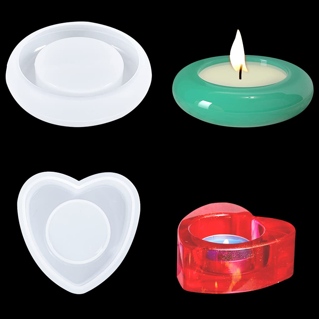 FineInno 2pcs Tea Light Candle Holder Resin Moulds, Heart Shape Candlestick Silicone Moulds, Round Flower Pot Epoxy Casting Mould for Jewelry Making DIY Home Decor (Candle Holder Mould)