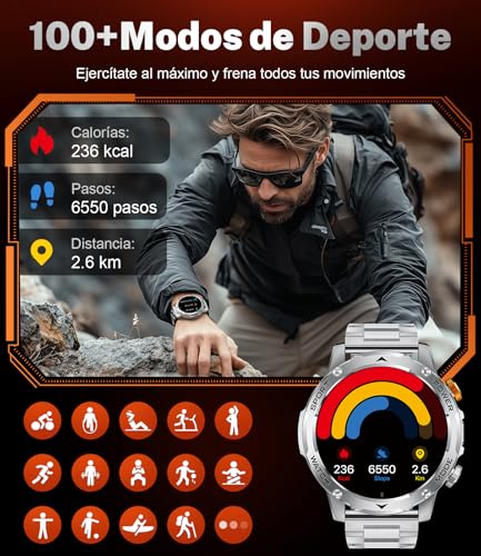 LIMIGE Men's Smart Watch, 1000 mAh, 3 Straps, 1.75 Inch HD Smartwatch Men's Military with LED Calls Flashlight 5ATM Waterproof 120+ Sports Modes Pedometer Bracelet Activity Android iOS Silver