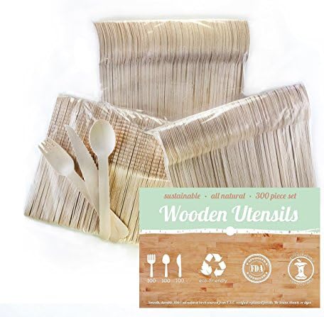 Disposable Wooden Utensils (300pc) by Wood You Rather | Eco Friendly, Biodegradable, All Natural, Non Toxic. Go Green, Reduce Plastic Waste at Home. 100 Forks 100 Knives 100 Spoons. Easy Clean up.