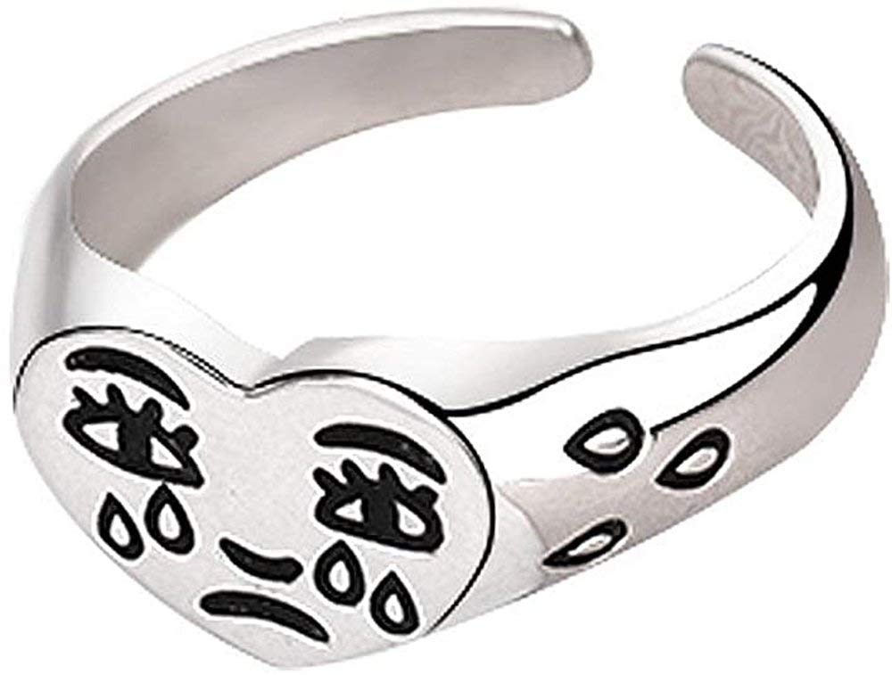 Broken Heart 925 Sterling Silver Ring for Women Girls Crying Face Statement Expandable Open Finger Ring Adjustable Valentine's Jewelry Birthday for Girl Friend Lover