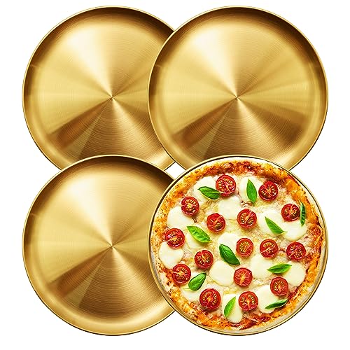 Zreneyfex 13.5 Inch Stainless Steel Pizza Pan Set of 4, Commercial Grade Restaurant Pizza Tray, Heavy Duty & Warp-Resistant for Oven, Grill & Party - Dishwasher Safe Baking Sheet