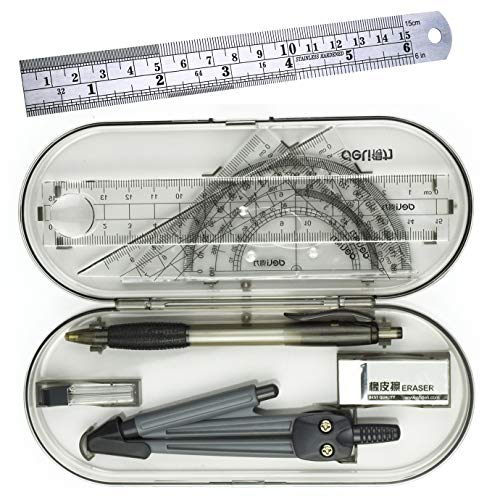 9 Piece Geometry School Set,with Quality Compass, Set Squares, Protractor,Drawing Compass Math Geometry Tools (9 pcs)