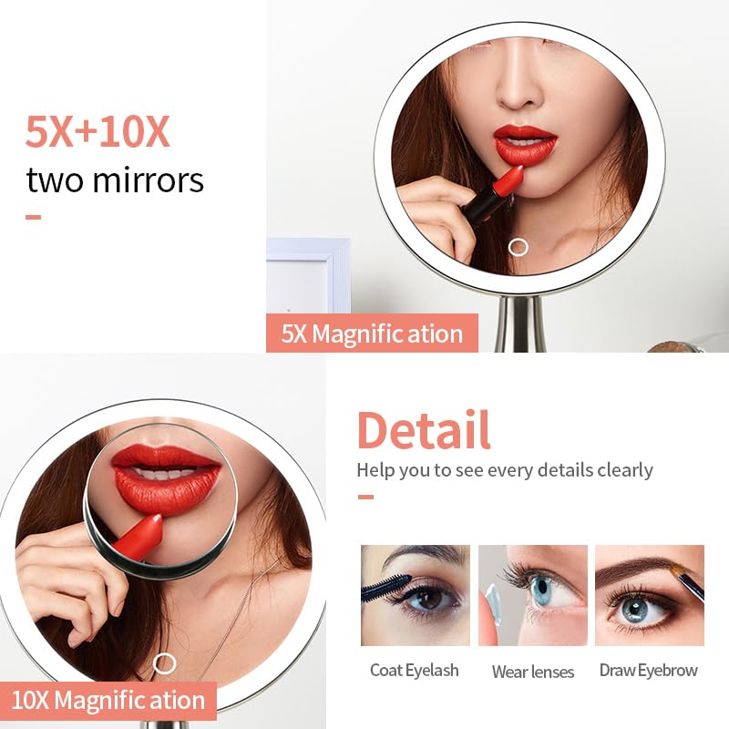 Surdy 9" Lighted Makeup Mirror, Vanity Mirror with Lights,4000 mAh Rechargeable,5x/10x Magnifying Mirror with 3 Color, Brightness Adjustable,360° Rotation Mirror, Women Gift