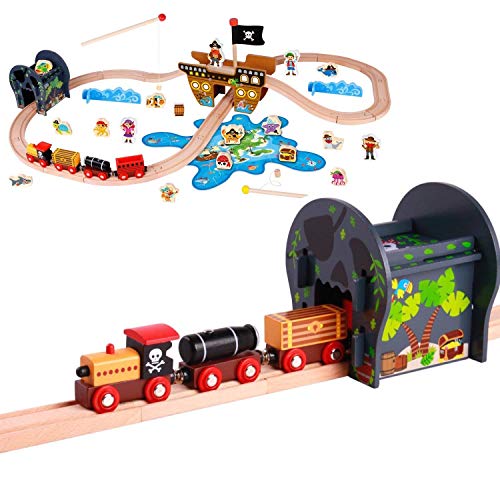 image for Pidoko Kids Pirate Theme Wooden Train Set - 72 Pcs - Includes Magnet F