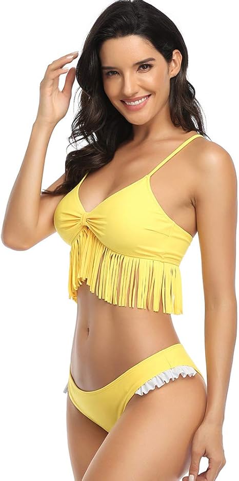 Amazon Co Jp セクシーなプリントビキニ女性水着女性水着ひもプッシュアップビキニセットハイウエスト水着水着 イエロー M ホーム キッチン