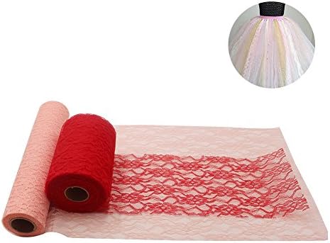 2 Pack 6"x 24 Yards & 12"x 10 Yards DIY Lace Fabric Roll Floral Lace Ribbon for Burlap Table Runner Chair Sash Vintage Wedding Decorations Bridal Shower Decor Craft (Champagne and Red)