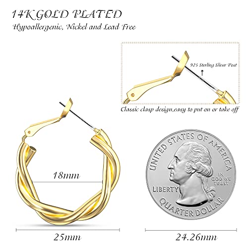UHIBROS Gold Hoop Earrings for Women, 18K Gold Plated High Polished Classy Twisted Hoop Earrings Hypoallergenic Earrings For Girls Fashion Jewelry