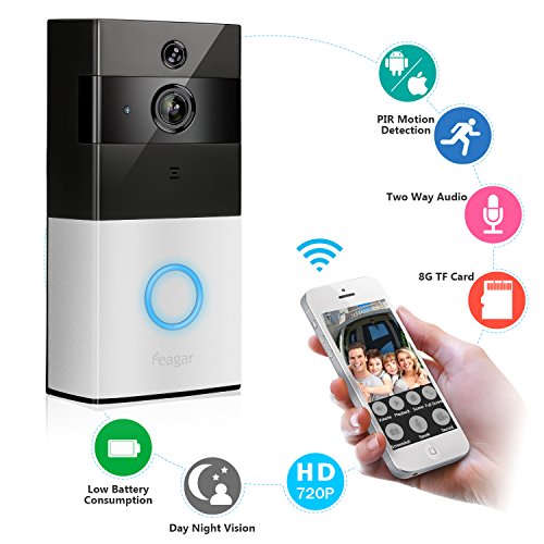Wireless Video Doorbell, Feagar 720P Wifi Door Bell Camera Kit with Low Power Consumption,Free Storage,Two-Way Audio, Infrared Night Vision, Motion Detection and Remote Control for IOS and Android
