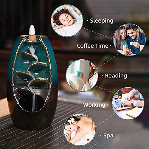 Walking Hero Family Ceramic Backflow Incense Holder Waterfall Incense Burner, with 30 Sandalwood Backflow Incense Cones + 140 Incense Stick, Burn for 40 Minutes,Aromatherapy Ornament Home Decor（Blue）