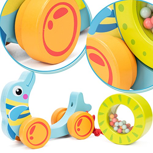 COSSY Wooden Pull Toys for 1 Year Old, Rolling Dolphin Push Toy For Toddler Children Kids - Thumbnail 3