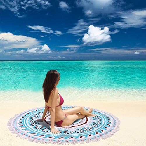 Round Beach Towel/ Mandala Thick Towel with Tassels/ Round Yoga Matt/Round Tapestry (White/Blue)
