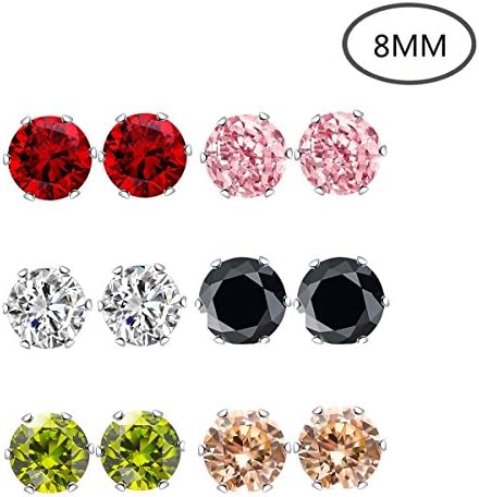 6 Pairs Different Colors White Gold Plated Womens Zirconia Stud Earrings 8MM