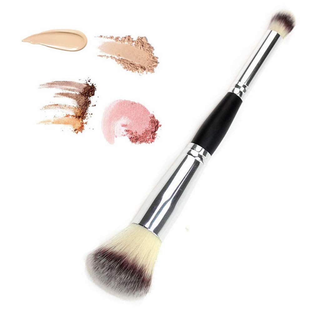 Double Ended Complexion Brush Face Concealer Powder Duo Makeup Brush Dual Ended, Blending Liquid Foundation, Cream Cosmetics - Black Handle, Eye shadow brush, Blush brush, Vegan Brush (Silver)