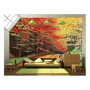 Colourfull Original Oil Painting Showing a Road Forest - Removable Wall Mural | Self-Adhesive Large Wallpaper - 66x96 inches