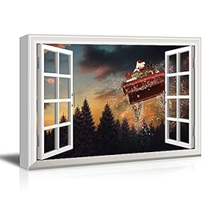Window Frame Style Canvas Wall Art - Santa Claus and The Flying Sledge in The Night Sky - Giclee Print Gallery Wrap Modern Home Art Ready to Hang - 12x18 inches