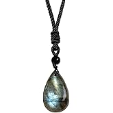 TUMBEELLUWA Natural Labradorite Teardrop Necklace with Black Rope, Healing Crystals Necklace June Birthstone Jewelry for Women Men