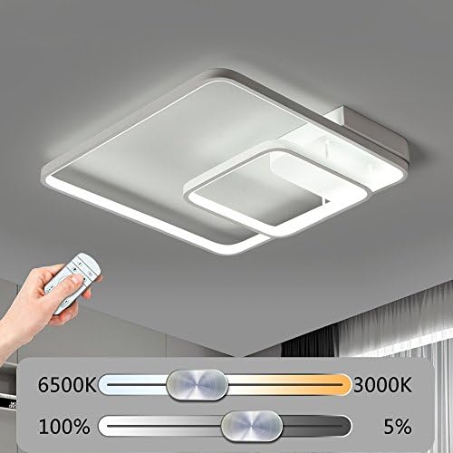 Modern LED Square Ceiling Lamp Fully Adjustable Dimmable with Remote Control and 2 Rings Creative Ceiling Light White Acrylic Shade Design Minimal and Tables Living Room Light Bedroom Lamp, 60W-52CM