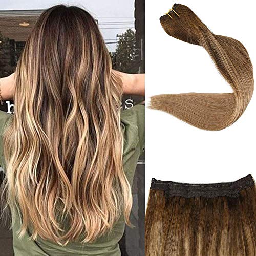 Full Shine 20Inch Flip Extensions Invisible Fish Line Remy Human Hair Color #4 Fading to Color #10 Highlighted #4 and Color #16 No Glue Hairpiece 100 Gram Per Set