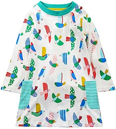 Budazo Girls Bird Print Dresses, Casual Cotton Longsleeve Stripe Pocket Party Dress for Toddler(Bird2,7T)